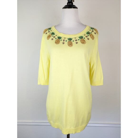 Talbots Sweater Pineapple Beaded Sequins Spring Summer Yellow Novelty Size M - Picture 1 of 15